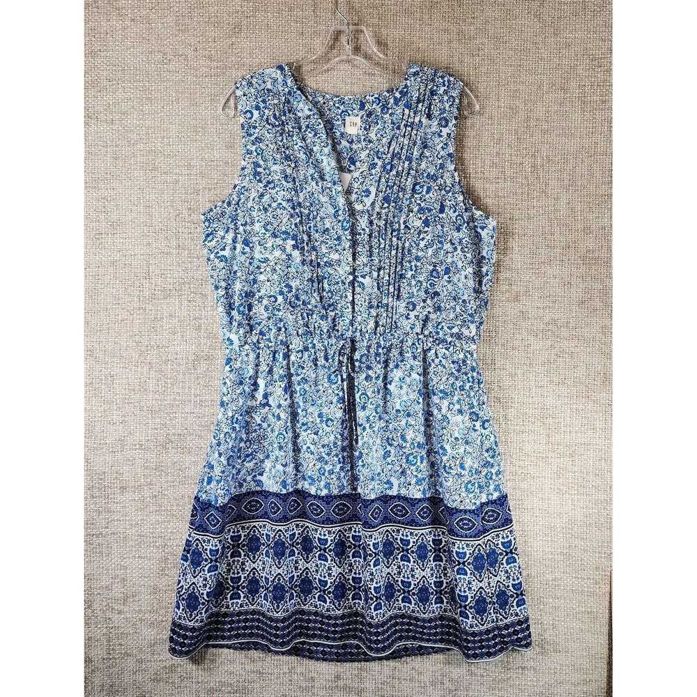 GAP Pintucked Blue Floral Tie Waist Dress Womens L Sleeveless Lined Shift EUC
